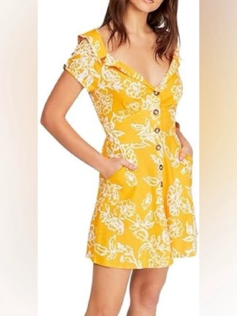 Free People “A Thing Called Love” Floral Yellow, Gold Mini Dress